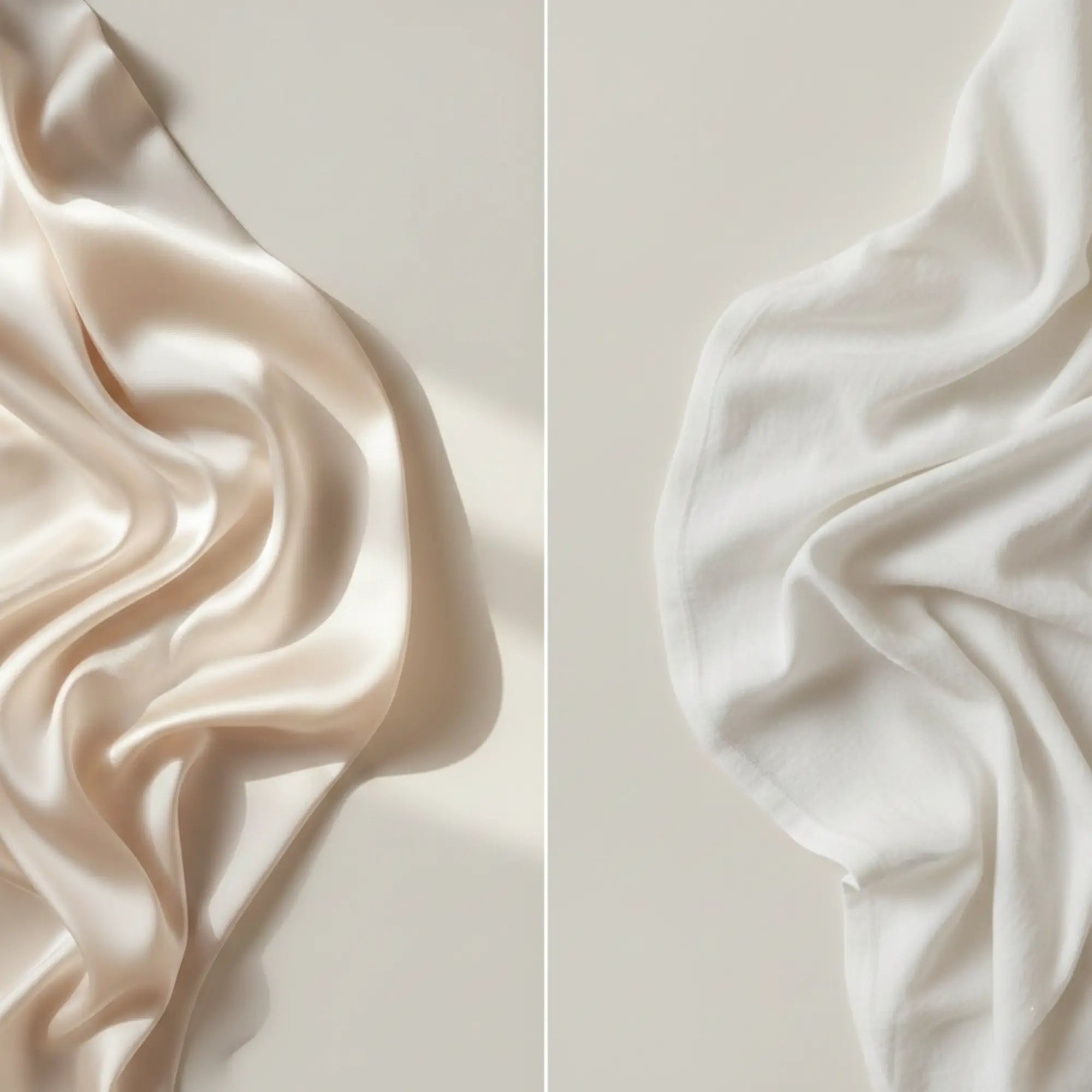 Comparaison visuelle entre la soie et le coton : tissu en soie fluide et lumineux à gauche, tissu en coton plus mat et structuré à droite - Maison CÉTOILE