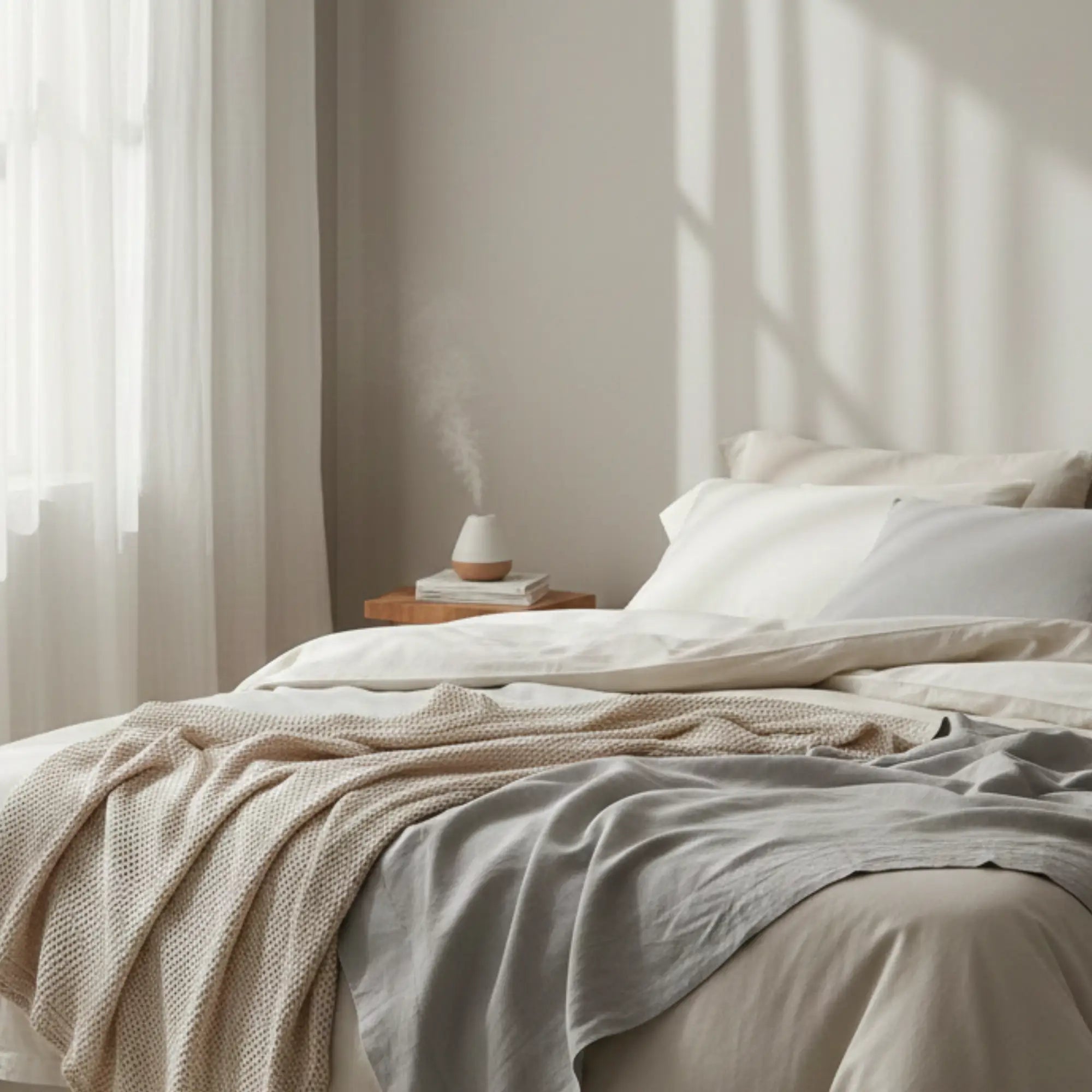 Lit habillé de linge clair en matières naturelles, lumière douce du soir, ambiance fraîche et respirante pour mieux dormir quand on a chaud la nuit - Maison CÉTOILE