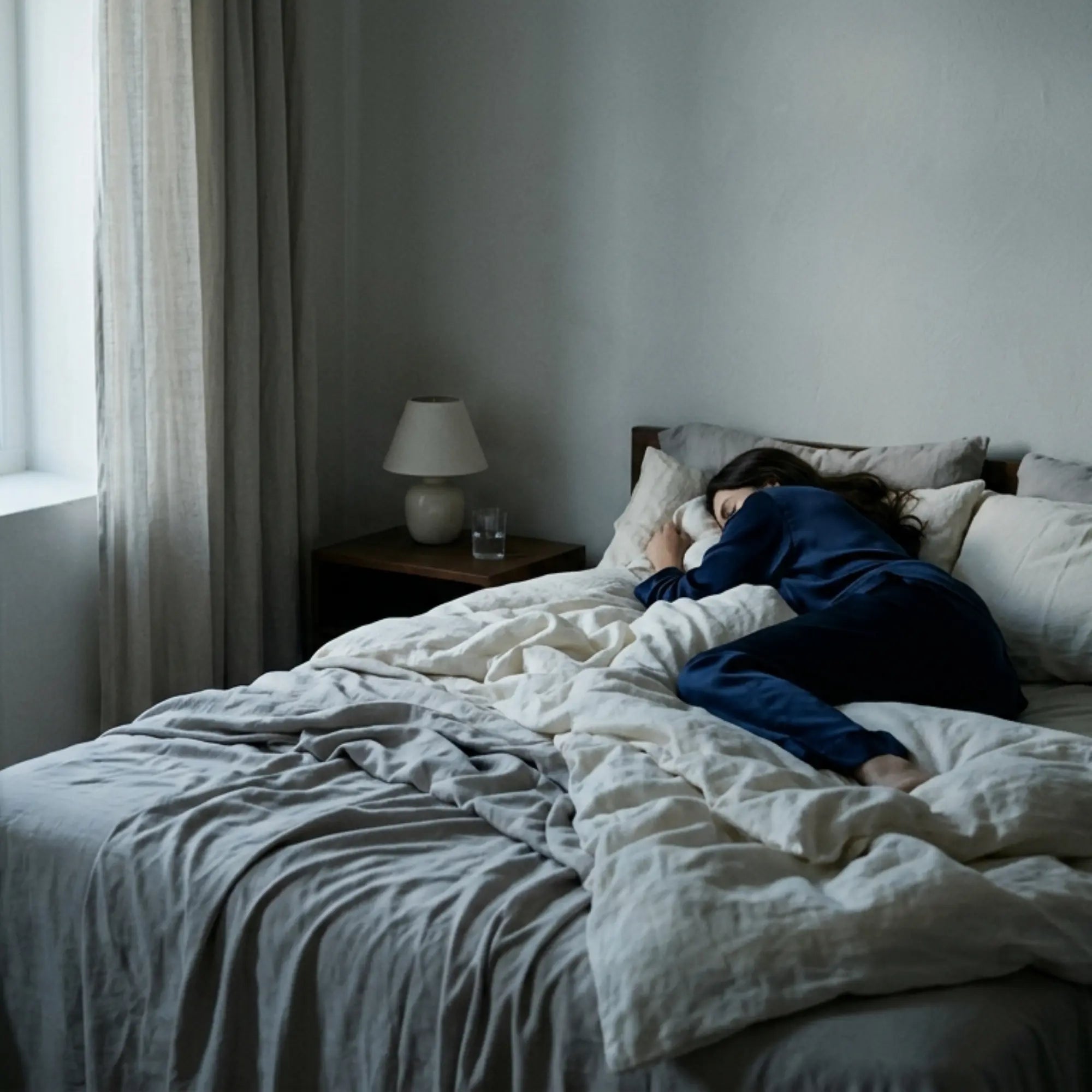Femme en pyjama dormant dans un lit défait, lumière naturelle douce, réveil nocturne et sommeil perturbé
