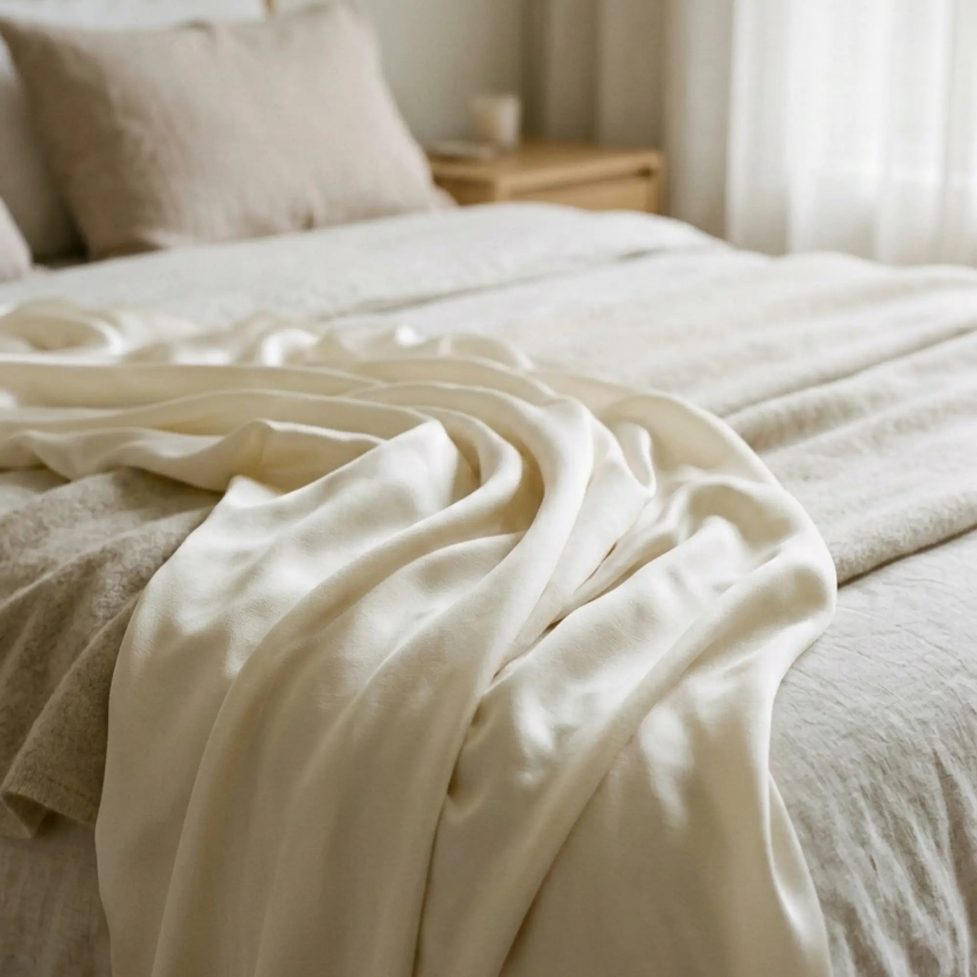 Un tissu de soie naturelle drapé délicatement sur un lit, révélant une texture fluide et une certaine densité.