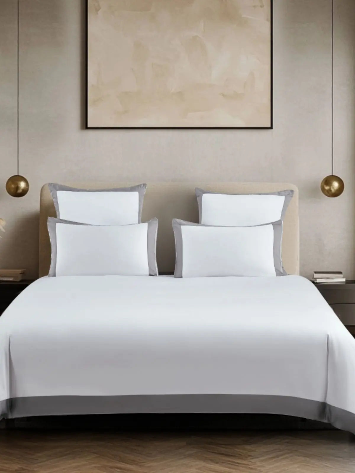 linge de lit haut de gamme blanc liseré gris - Maison CÉTOILE