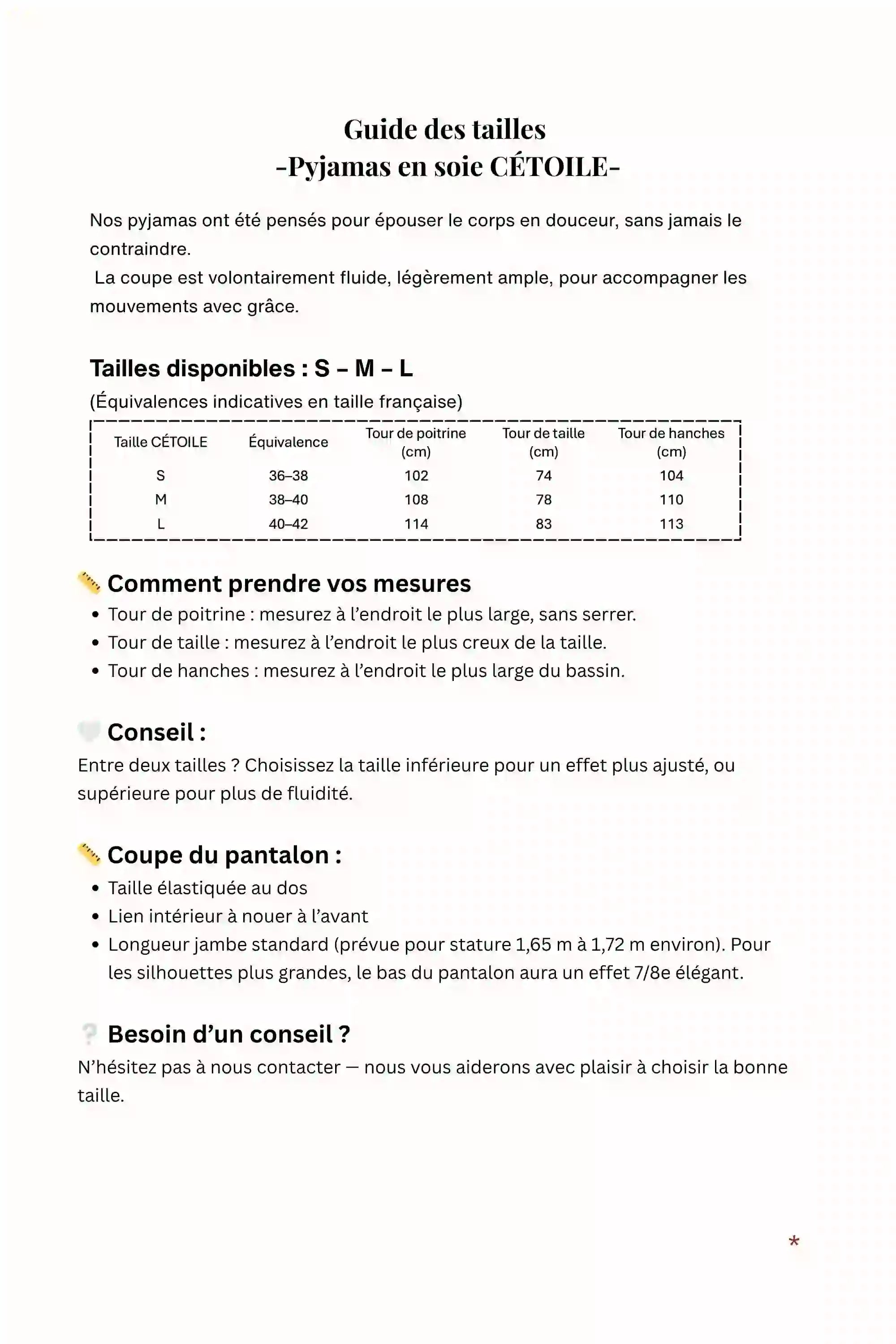 guide des tailles pyjama en soie femme - Maison CÉTOILE
