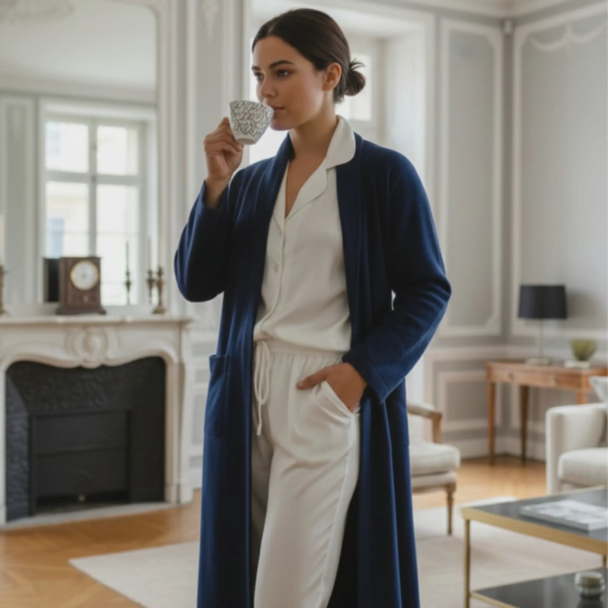 kimono en cachemire biologique couleur bleu nuit porté sur un pyjama en soie blanc - Maison CÉTOILE