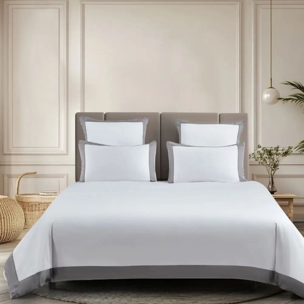 parure français en tencel luxe haut de gamme blanc avec contour gris doux - Maison CÉTOILE