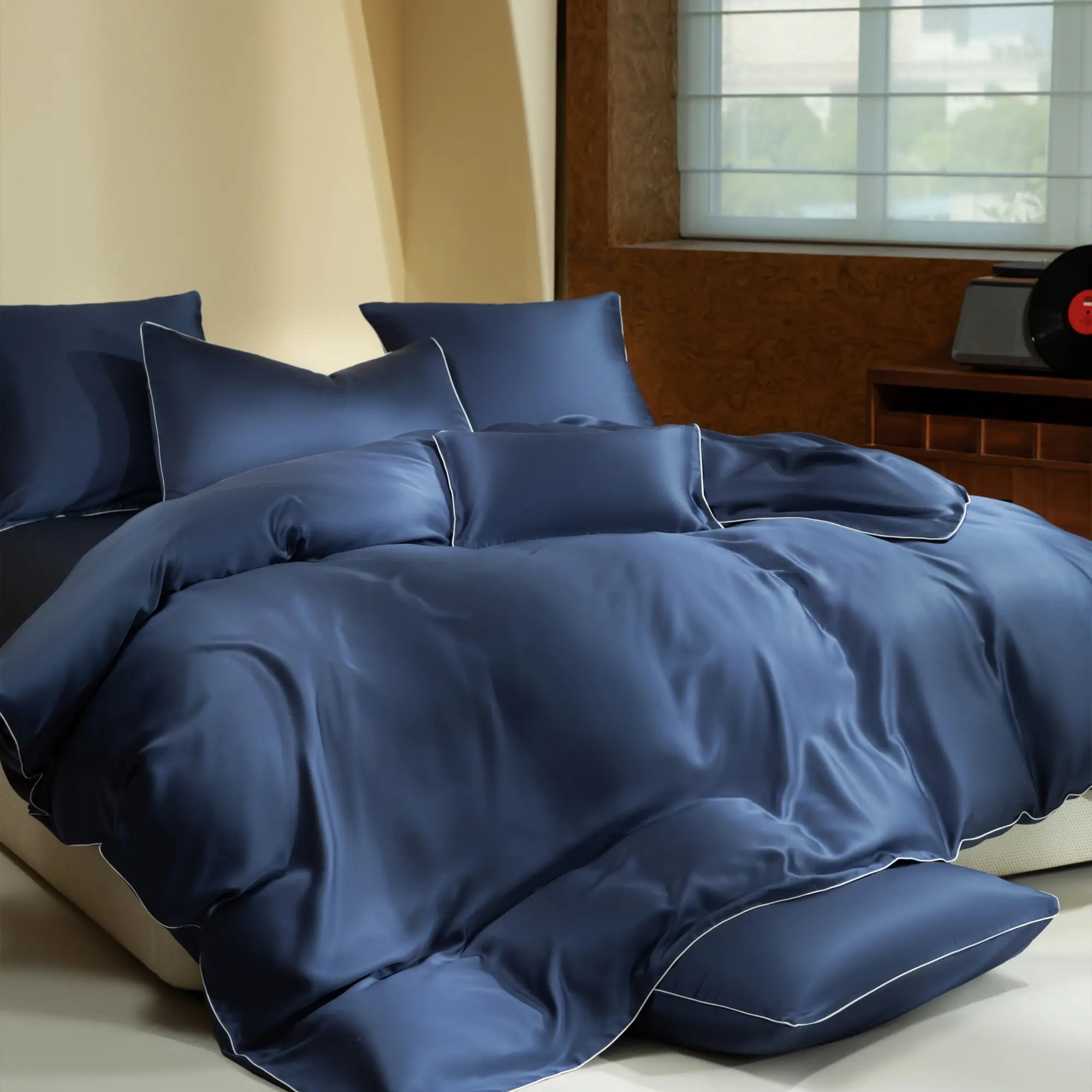 parure de lit haut de gamme en soie végétale couleur bleu nuit profond, chic et élégant.