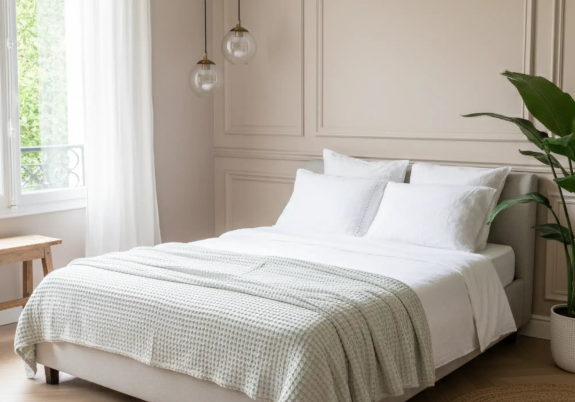 Plaid gaufré en coton & bambou dans une chambre avec linge de lit en lin français signé Maison CÉTOILE