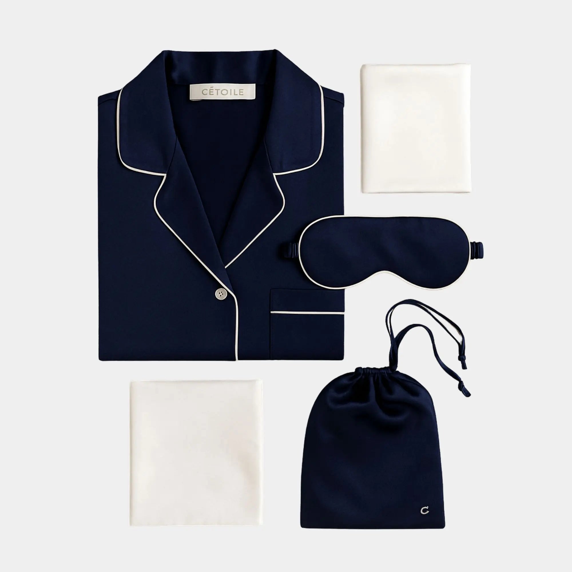 pyjama femme en soie de mûrier en bleu nuit élégant & intemporel avec le pack nuit assorti - Maison CÉTOILE