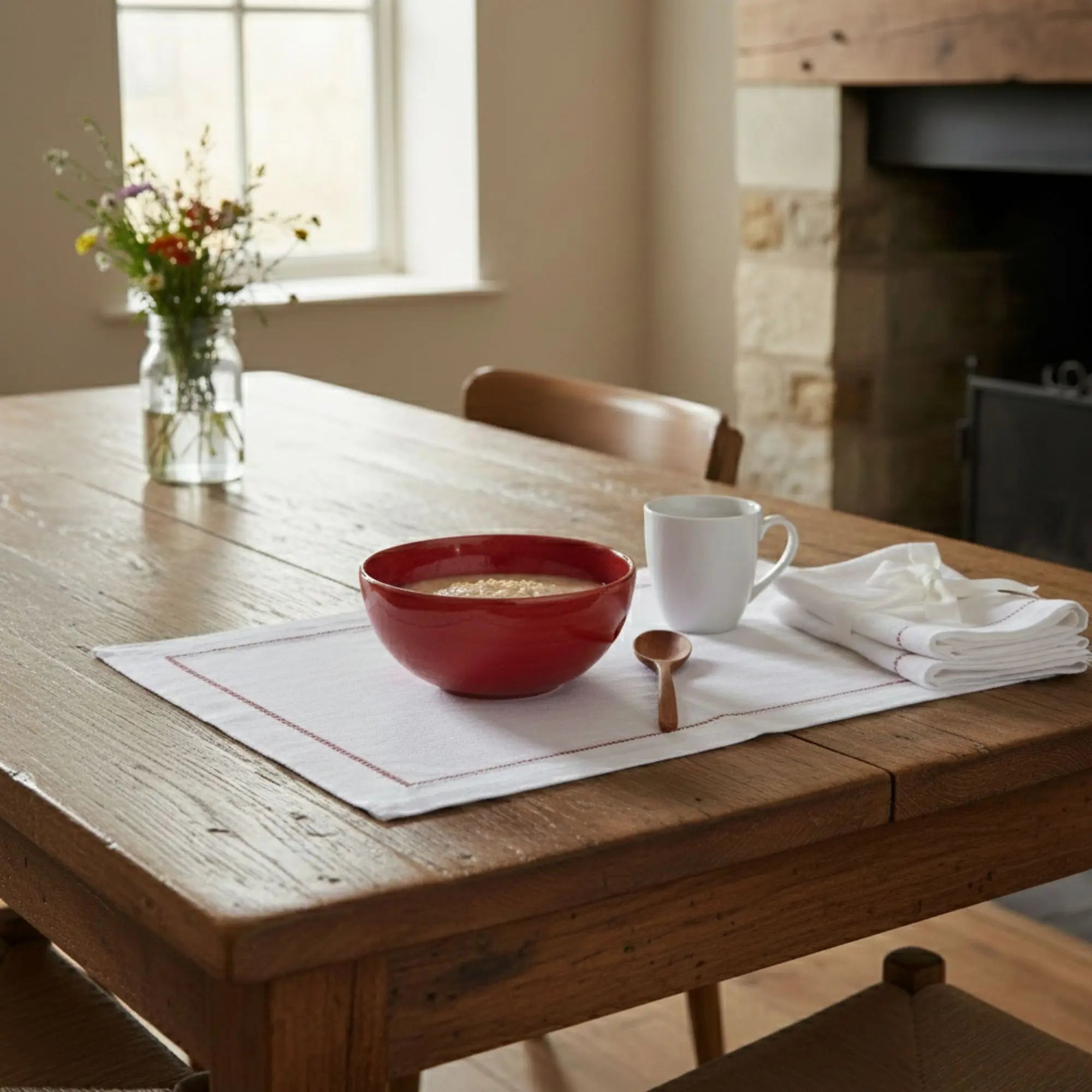 set de table lin blanc jour échelle avec détail rouge