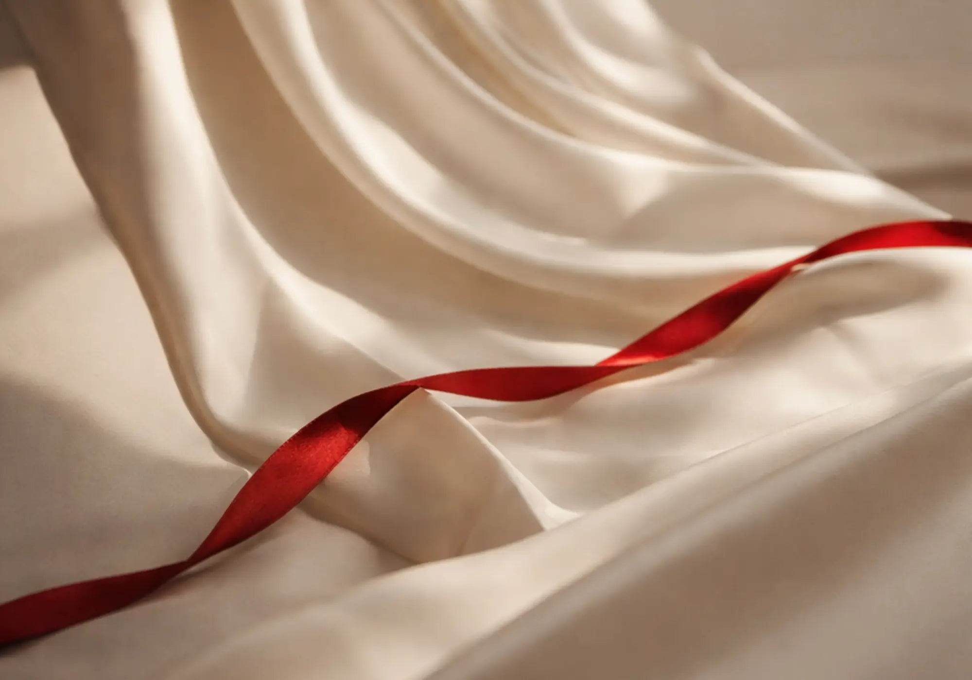 Tissu ivoire aux plis délicats avec ruban rouge signature CÉTOILE, évoquant le luxe intérieur, la douceur des matières et le soin du détail.