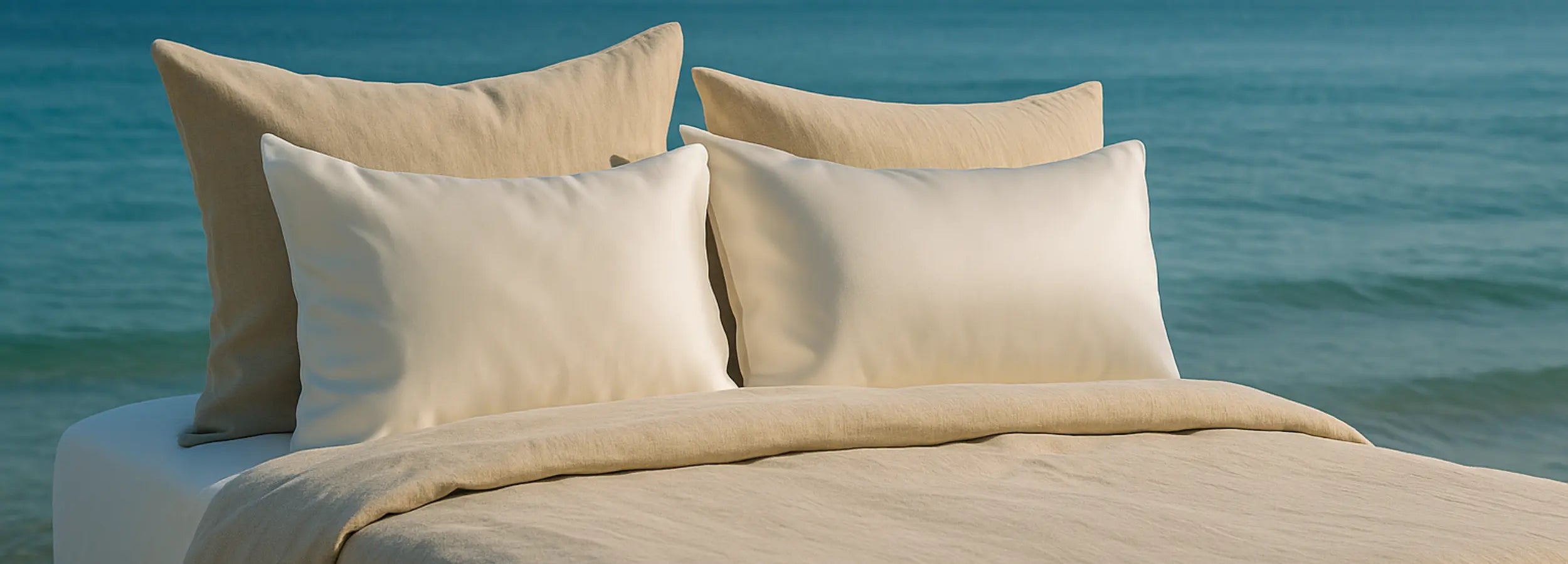 Deux taies d'oreiller en soie de mûrier blanc pur sur un lit face à la mer, Maison CÉTOILE.