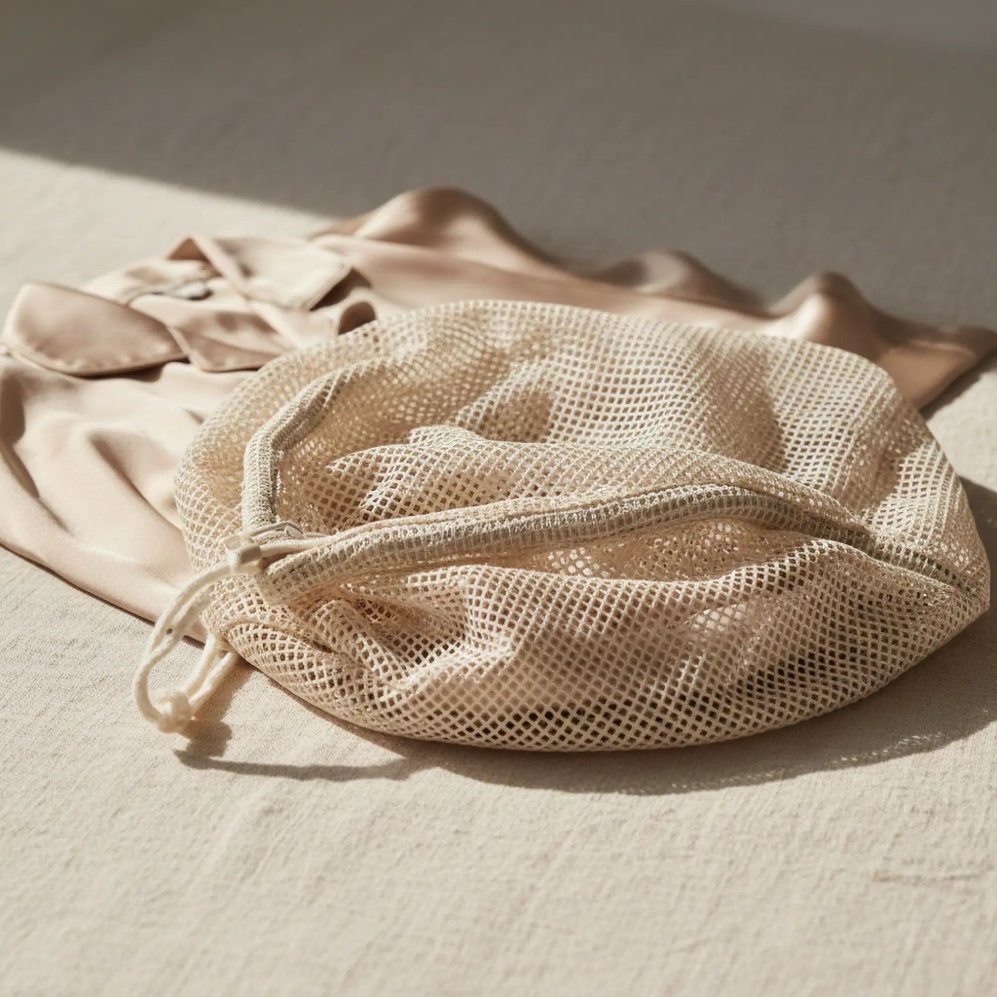 Pyjama en soie dans un filet de lavage, lumière naturelle douce, guide laver la soie en machine - Maison CÉTOILE