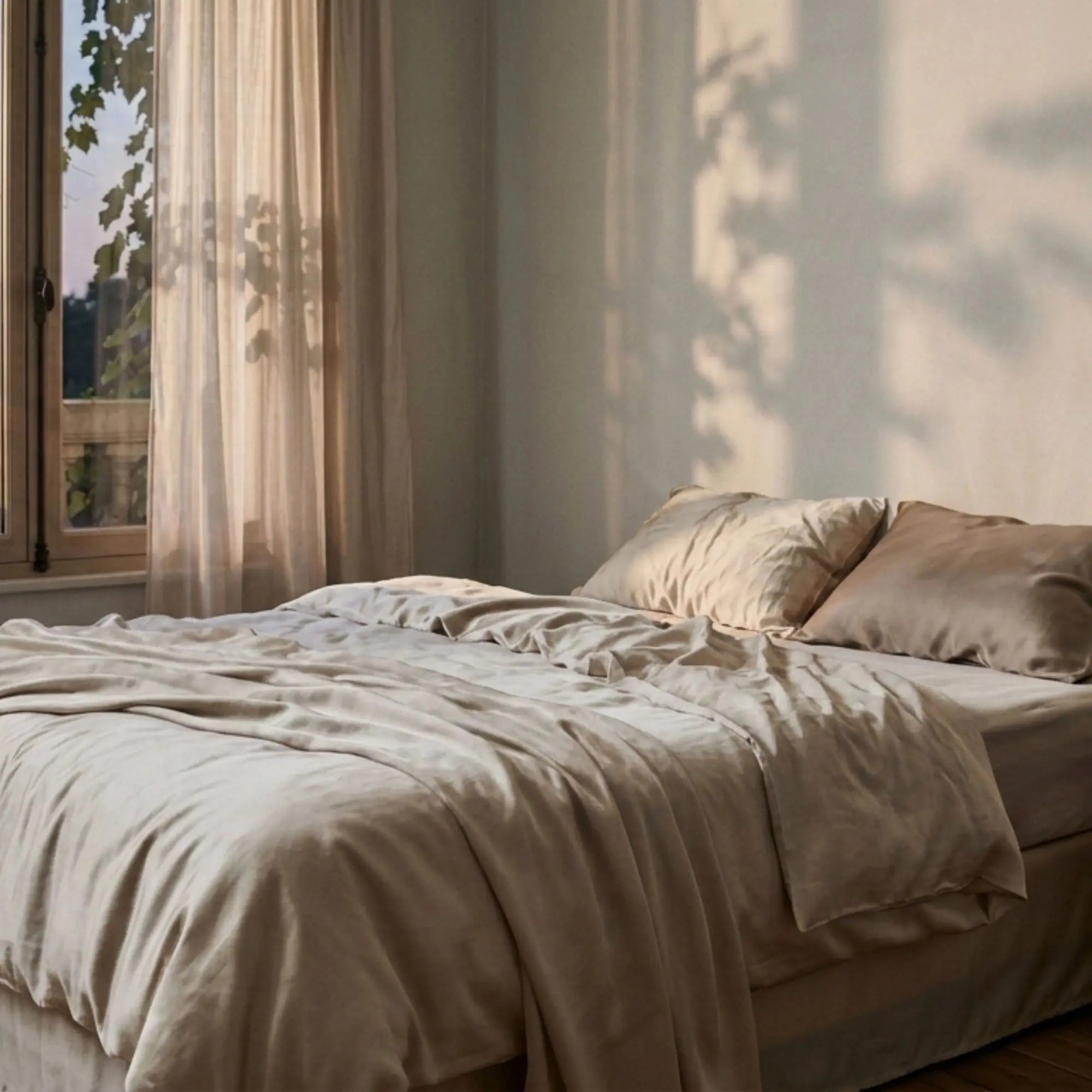 Lit avec linge de lit beige aux plis naturels, éclairé par une lumière de fin de journée, ambiance calme et chaleureuse pour le soir.