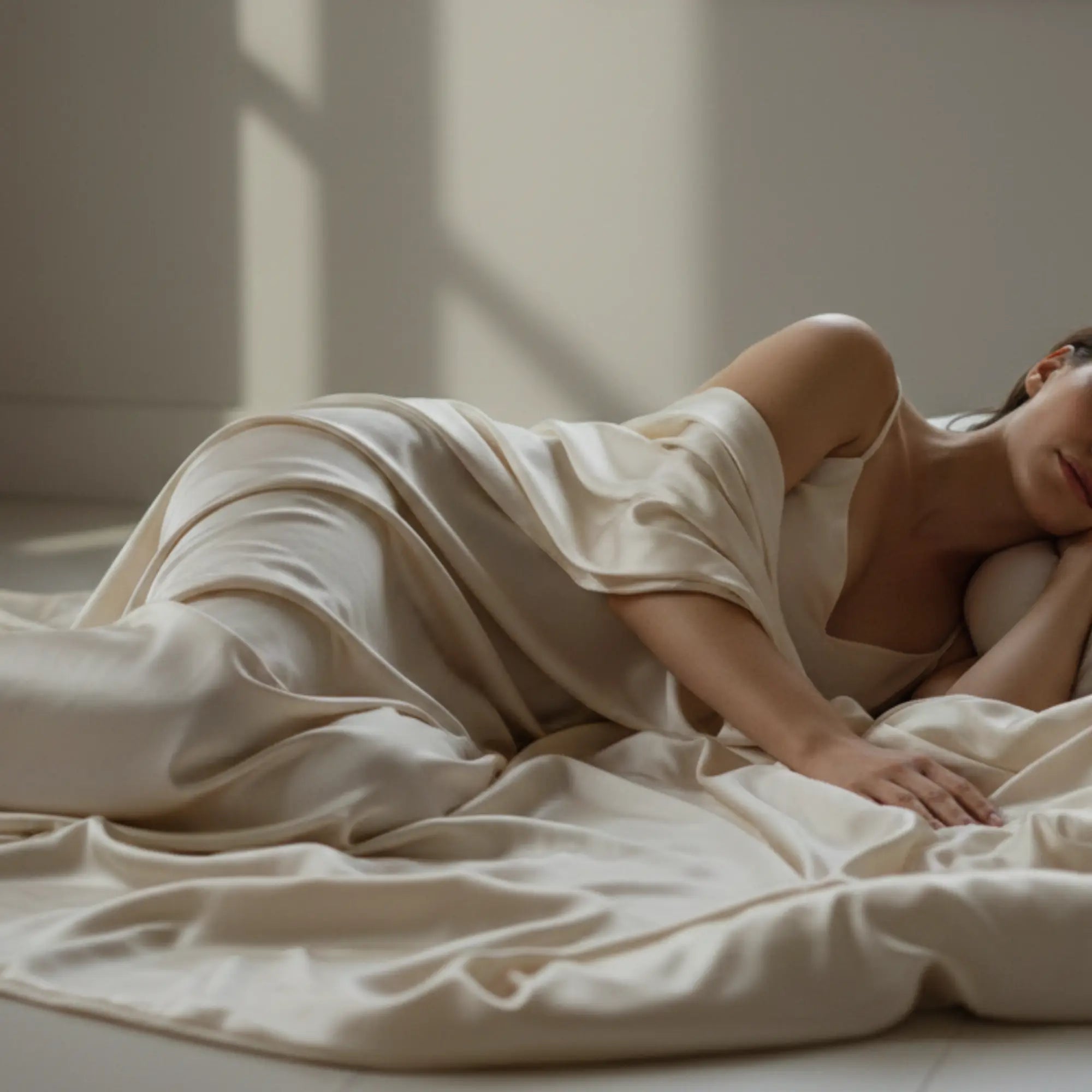 femme en pyjama en soie repose confortablement en dessous d'un linge de lit en soie naturelle fluide et doux - Maison CÉTOILE 