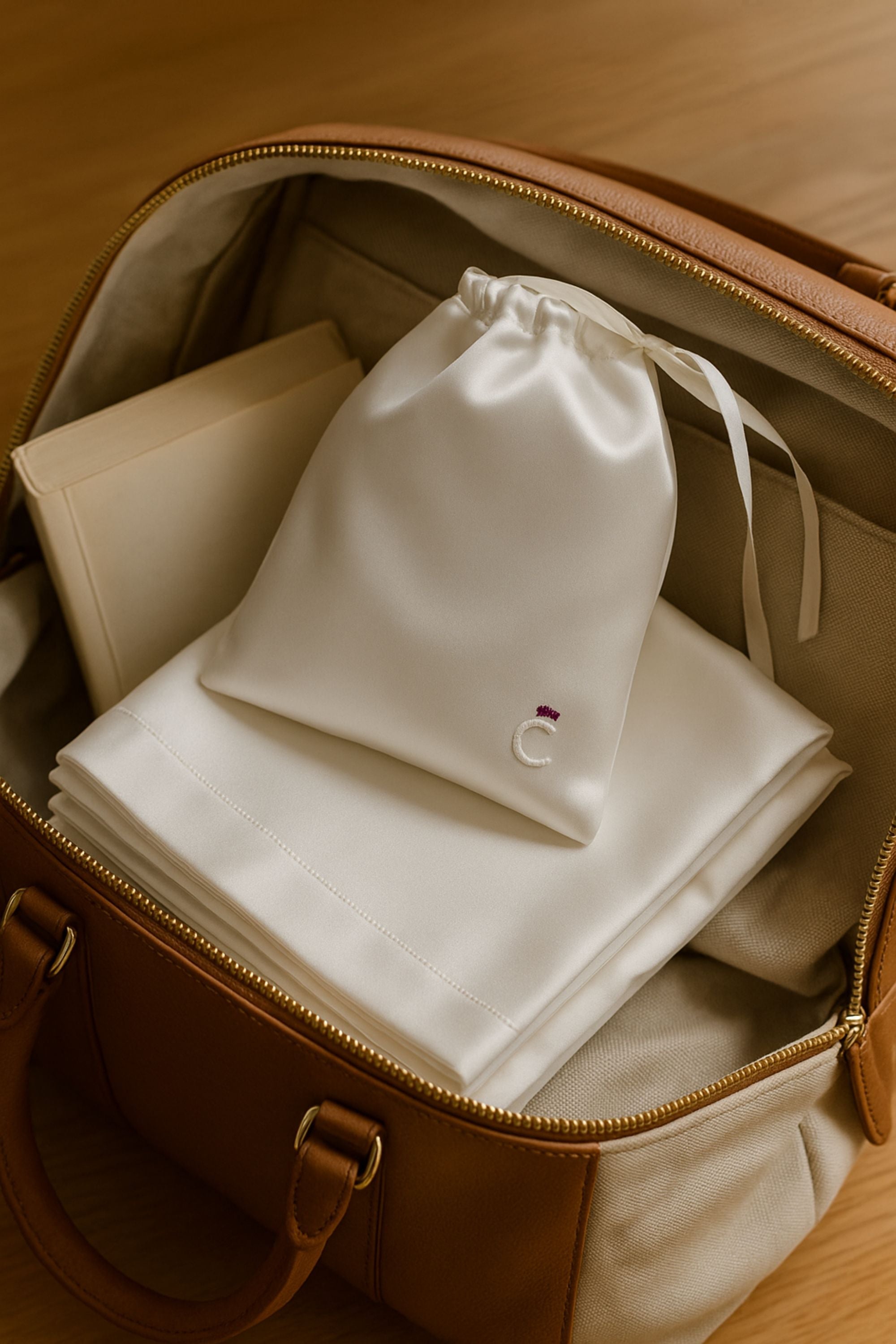 Taie Complice CÉTOILE glissée dans une valise – accessoire de sommeil doux et élégant