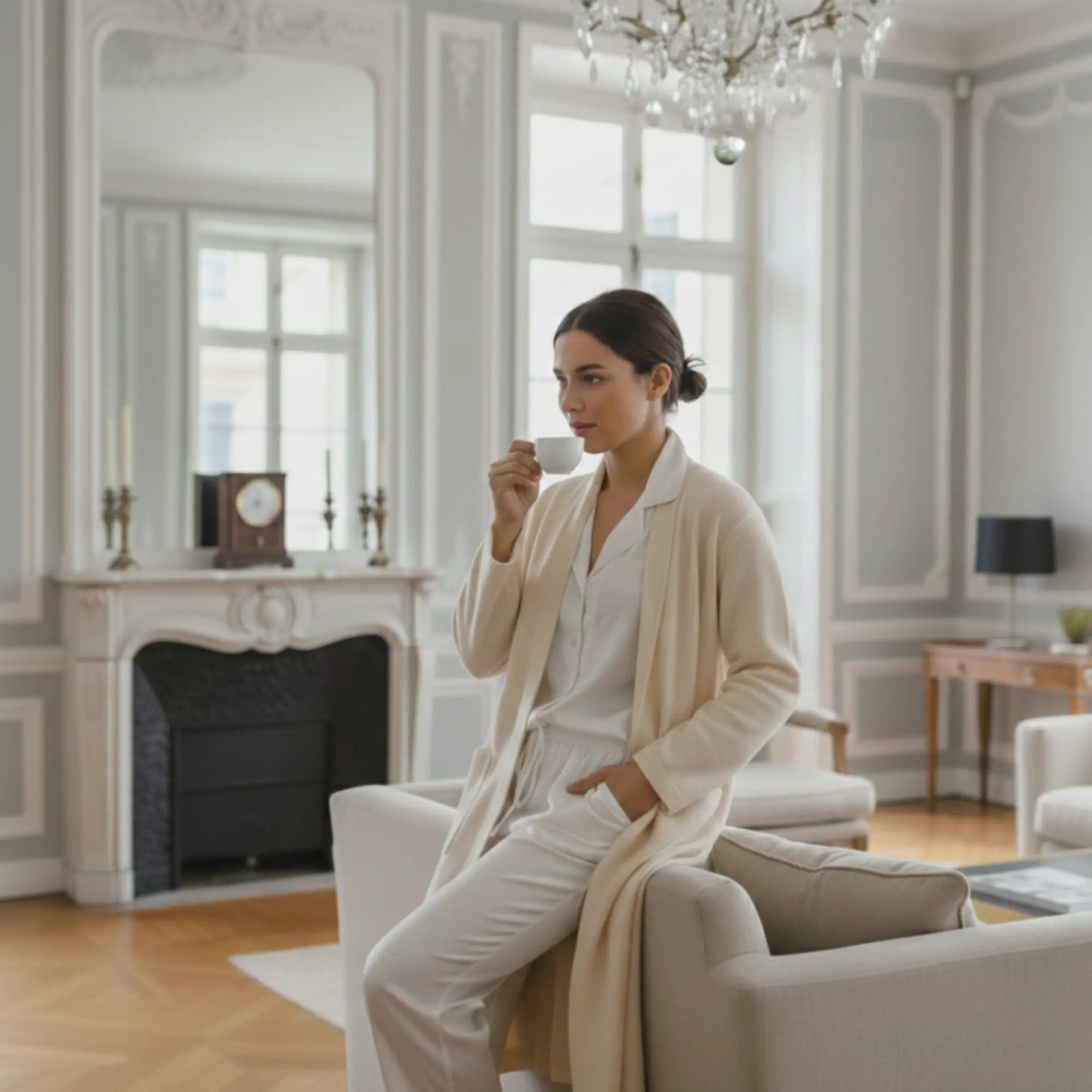 Femme portant un kimono en cachemire ivoire dans un intérieur haussmannien, tasse à la main. Look cocooning et élégant - Maison CÉTOILE