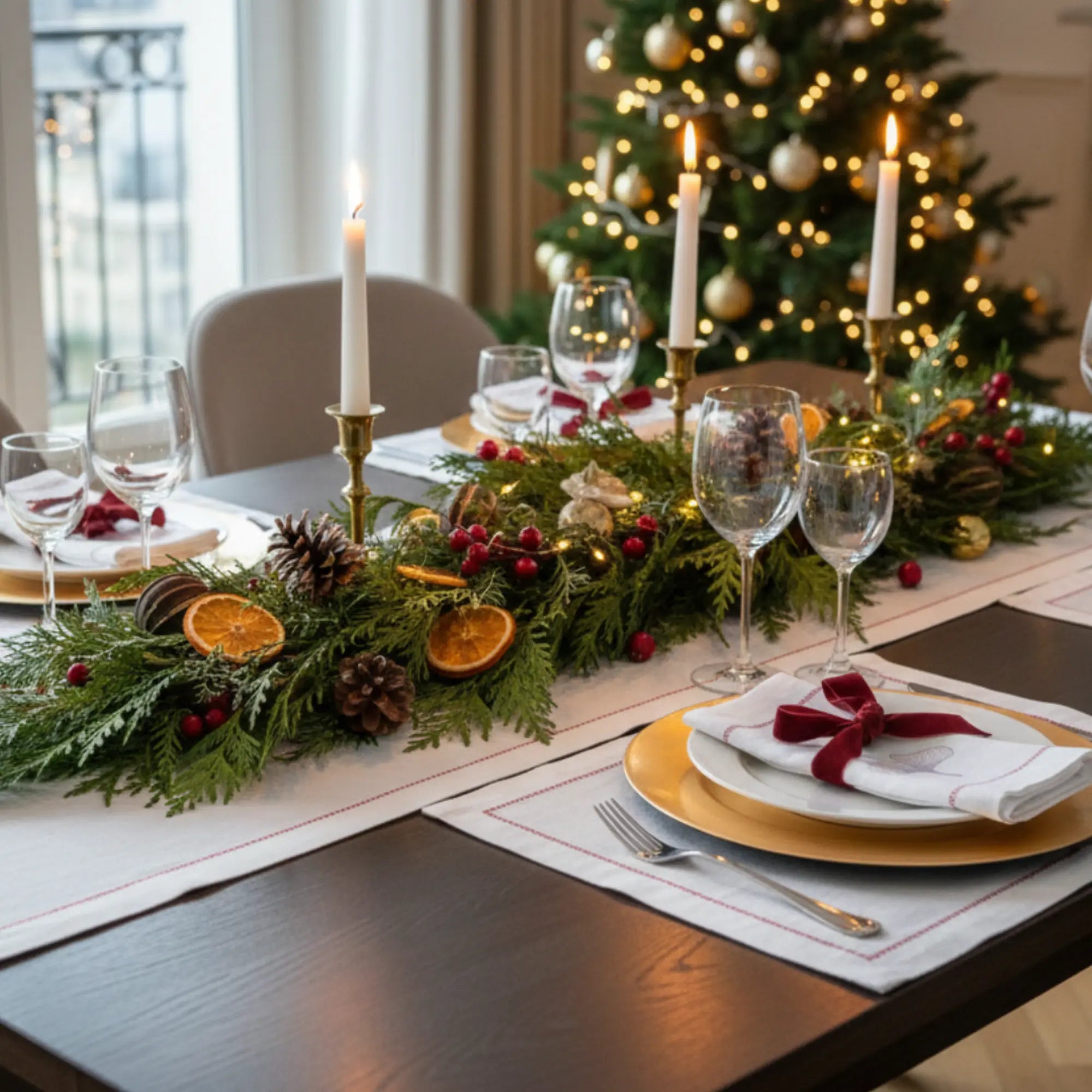 Chemin de table en lin lavé couleur blanc jour échelle et broderie élégant - Maison CÉTOILE