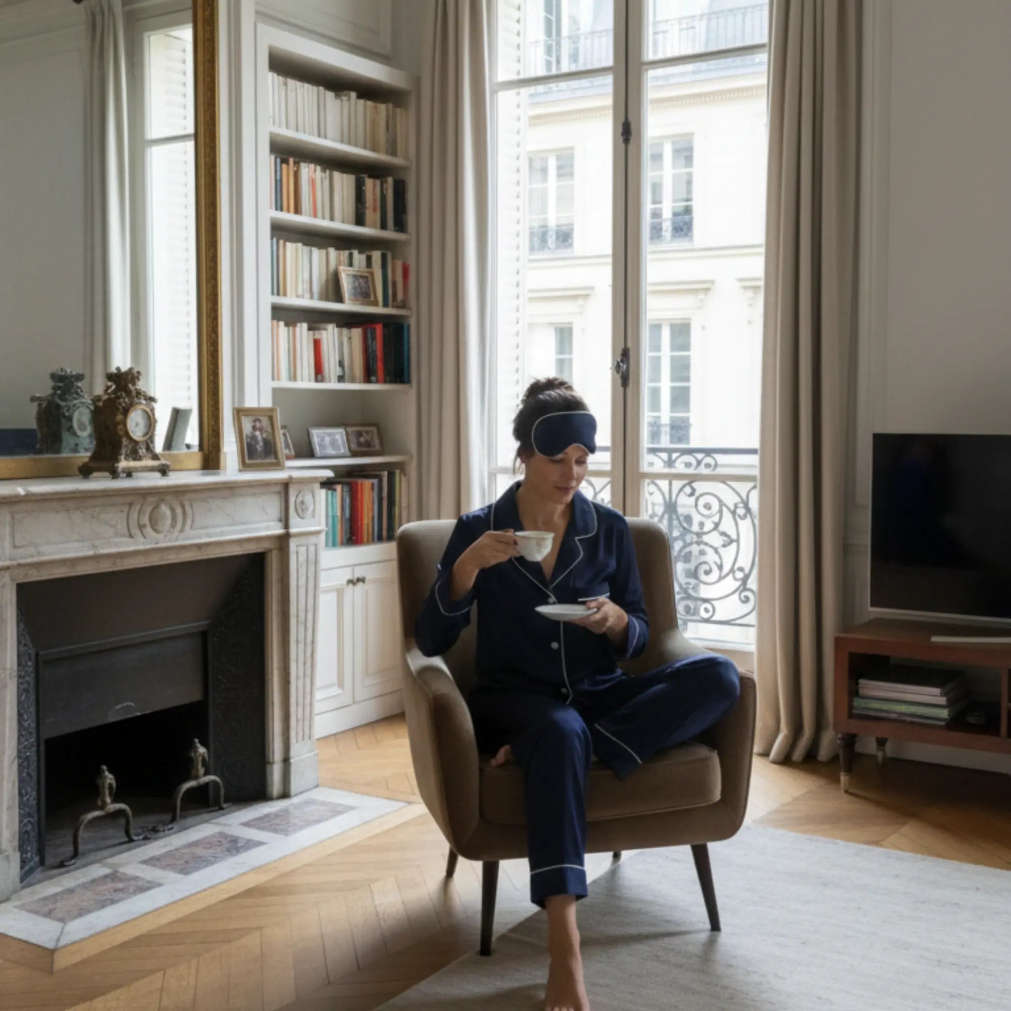 femme élégante porté un pyjama en soie couleur bleu nuit et un masque assorti, prends son cafe le matin dans un appartement haussmannien - Maison CÉTOILE