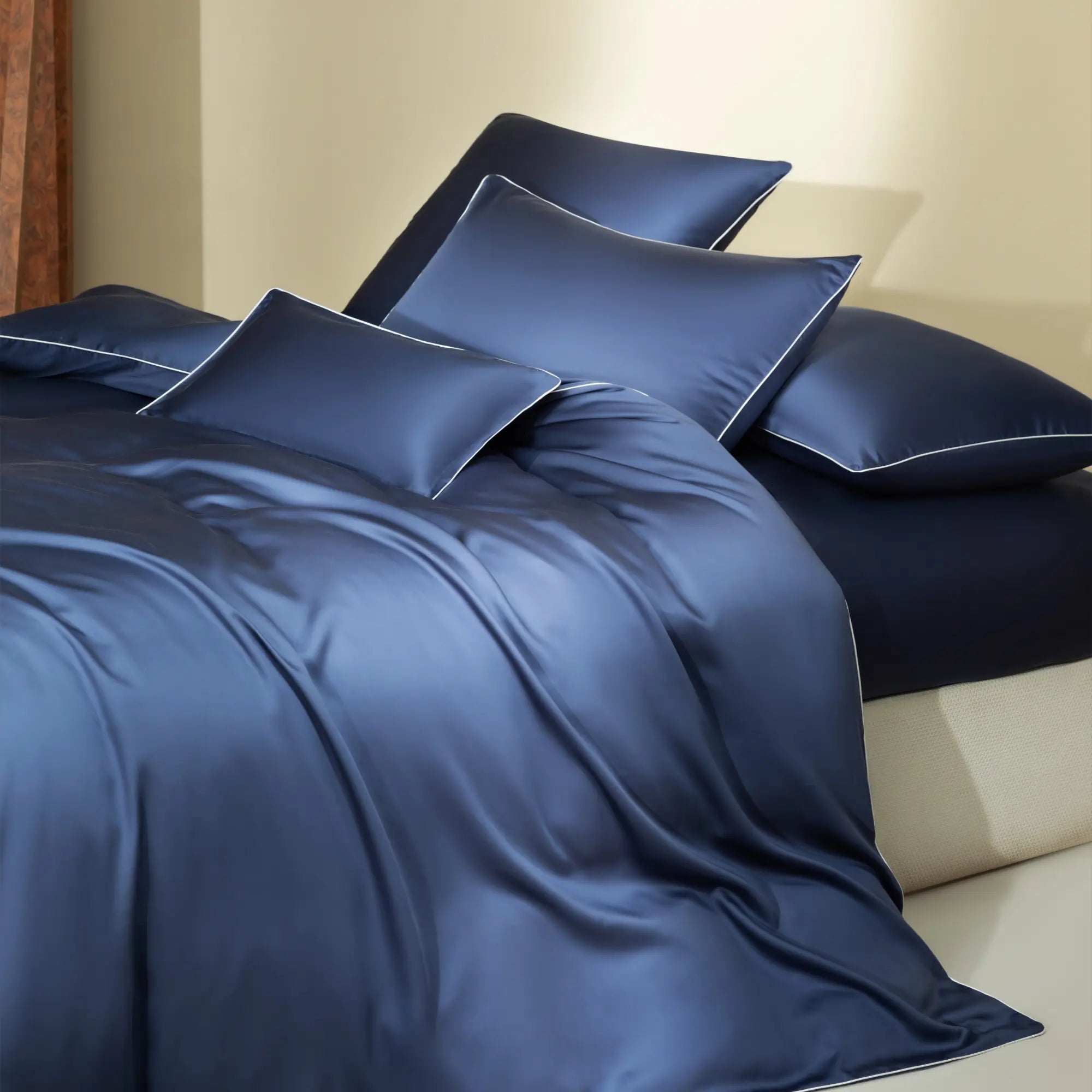 parure de lit en tencel lyocell couleur bleu nuit avec passepoil blanc, élégant et minimalist.