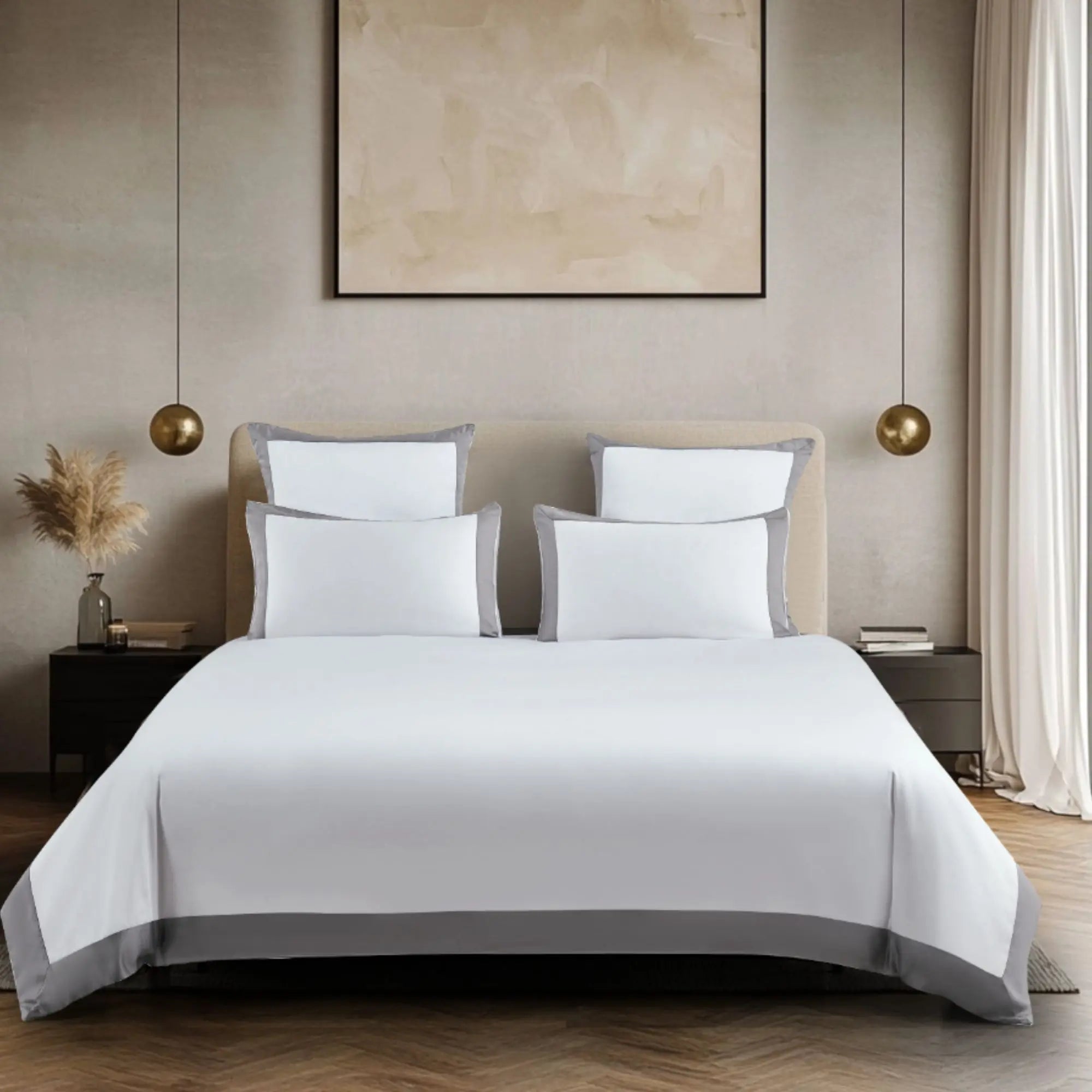 Parure de lit en TENCEL™ Lyocell Gris Horizon, douce et respirante, finition haut de gamme avec liseré gris doux élégant - Maison CÉTOILE