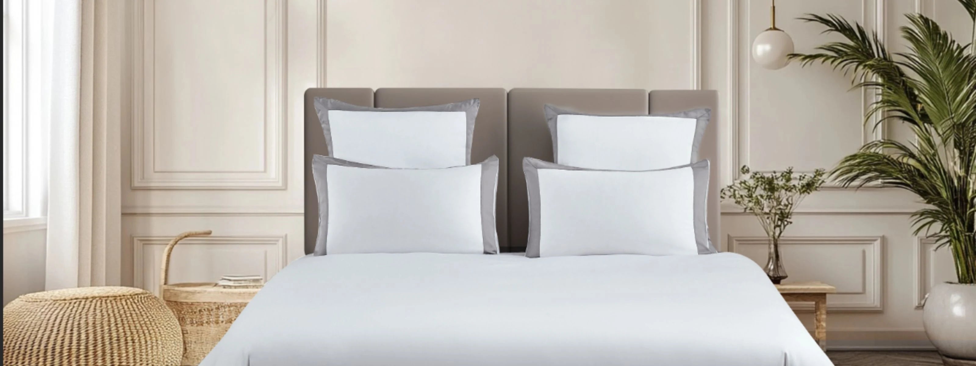 parure en soie végetale  tencel lyocell couleur blanc avec liseré couleur gris doux - Maison CÉTOILE